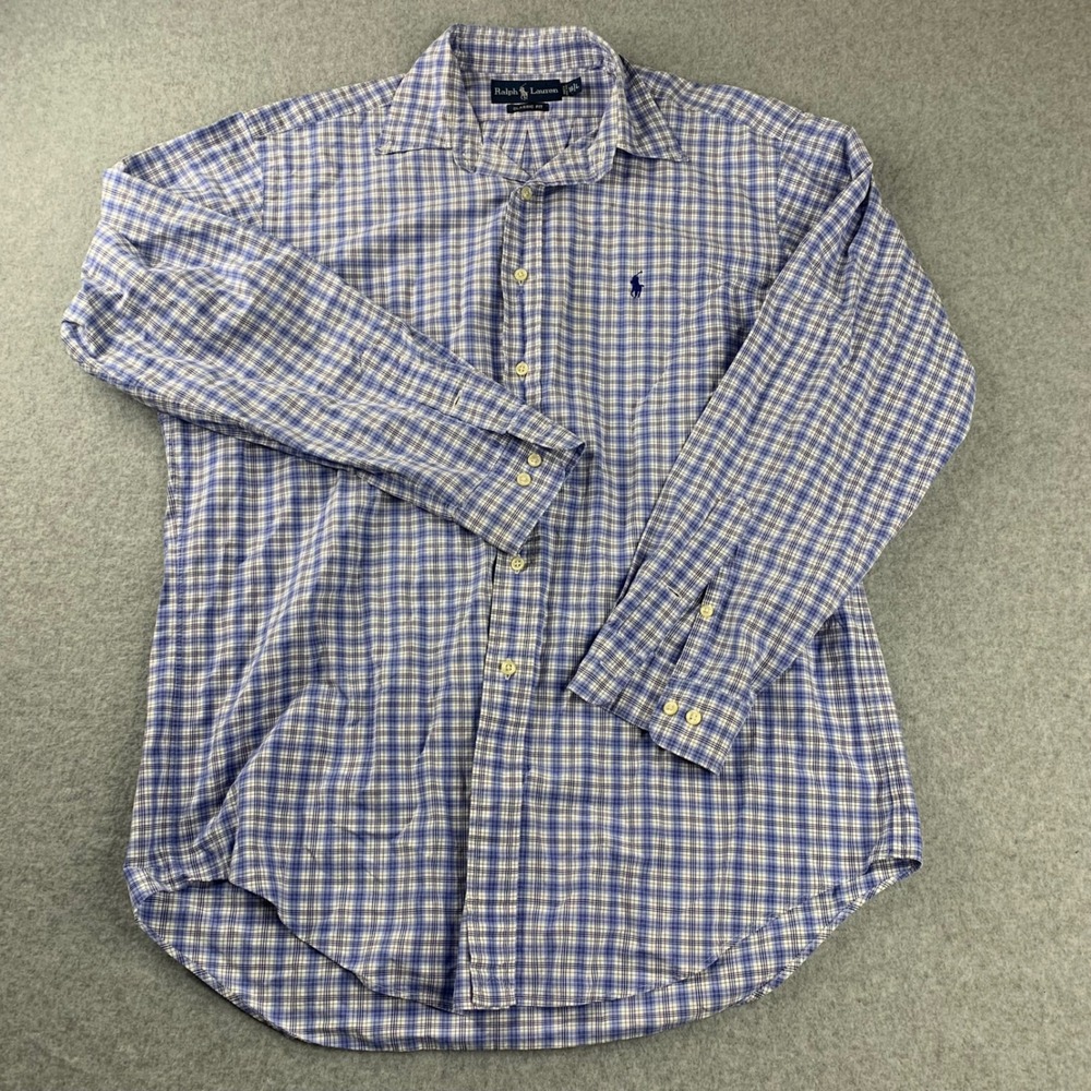 Ralph Lauren Button Down Mens 16 L Blue Plaid Classic Fit Long Sleeve Pony Logo